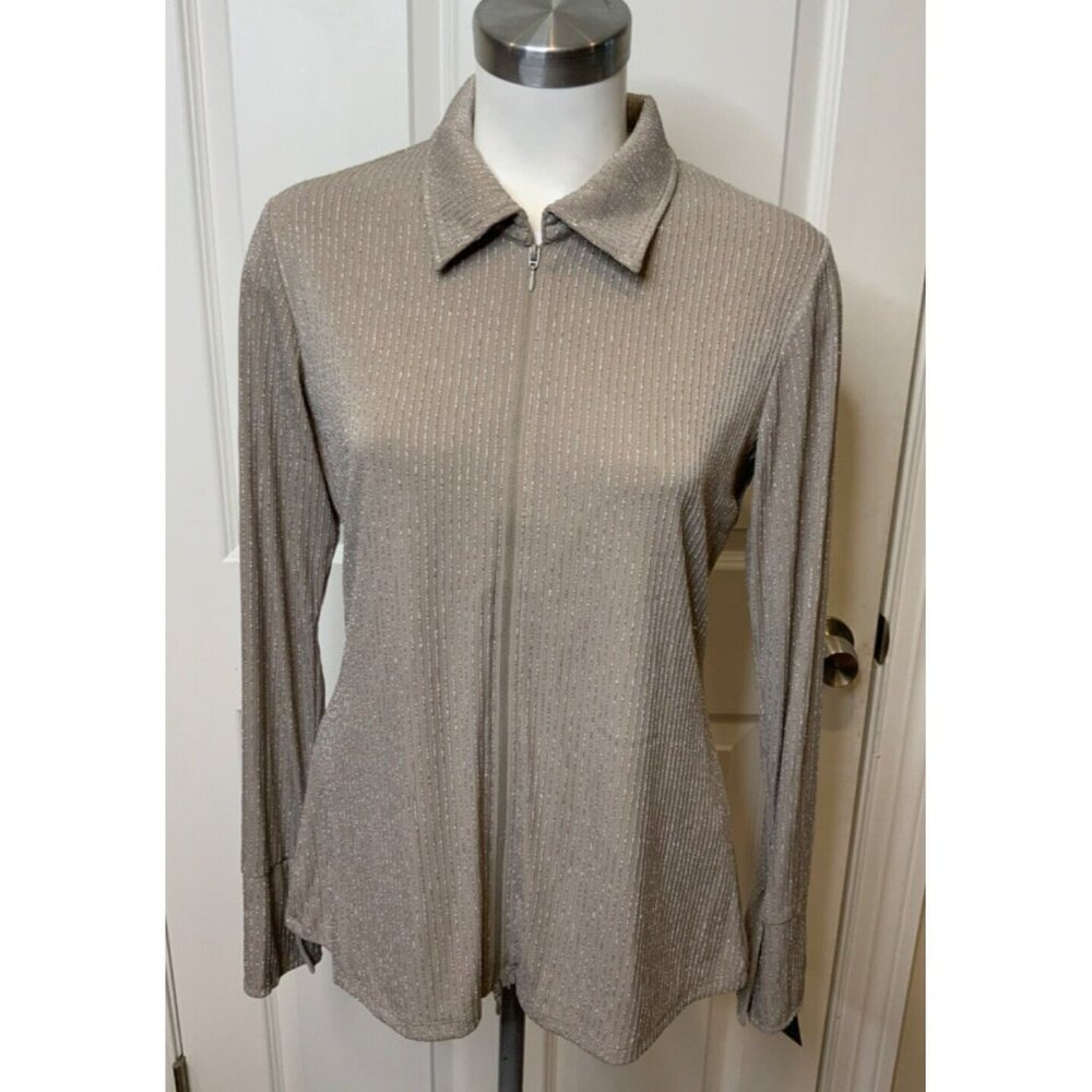 French Connection Gray Silver Ribbed Zip-Up Long Sleeve Shirt, Size L, NWT!